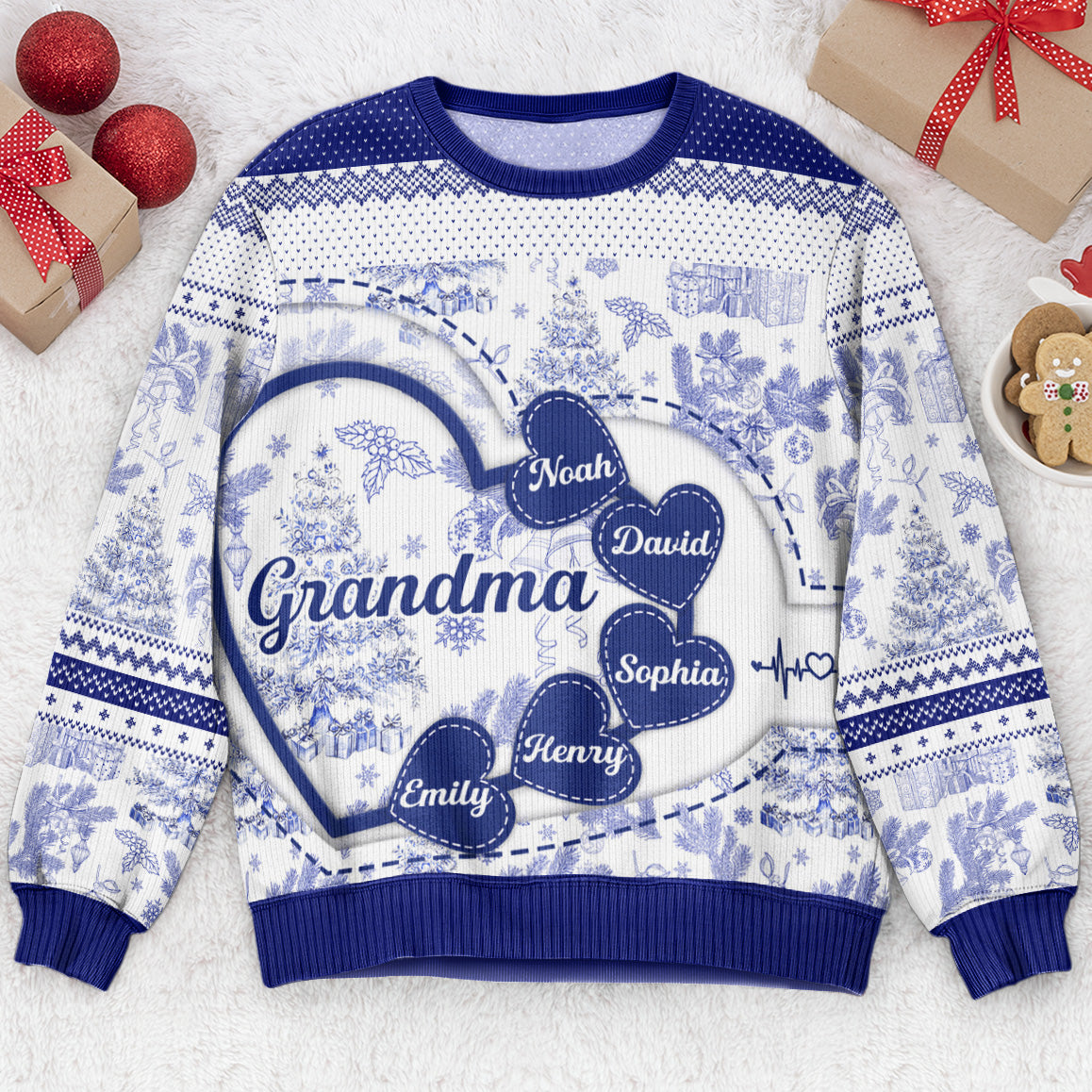 Grandma With Hearts Grandkids' Names - Toile De Jouy Style - Personalized Ugly Sweater - Py Five Style