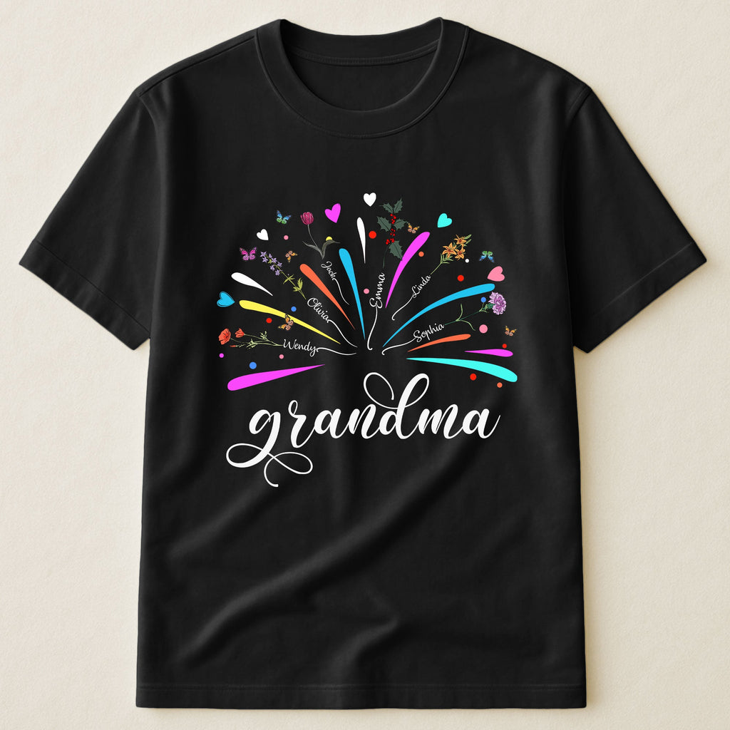Proud Grandma And Kids Firework Birth Month Flowers - PersonalizedOne Size Shirt - Py Five Style
