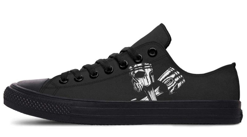 Skull Engine Motor Black Low-Top Sneakers - Edgy Biker Style - Py Five Style
