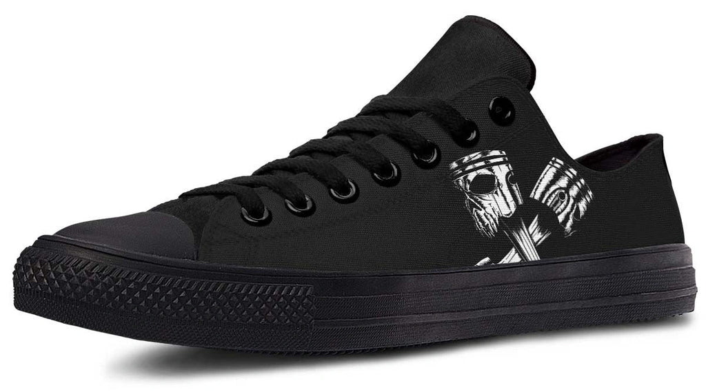 Skull Engine Motor Black Low-Top Sneakers - Edgy Biker Style - Py Five Style