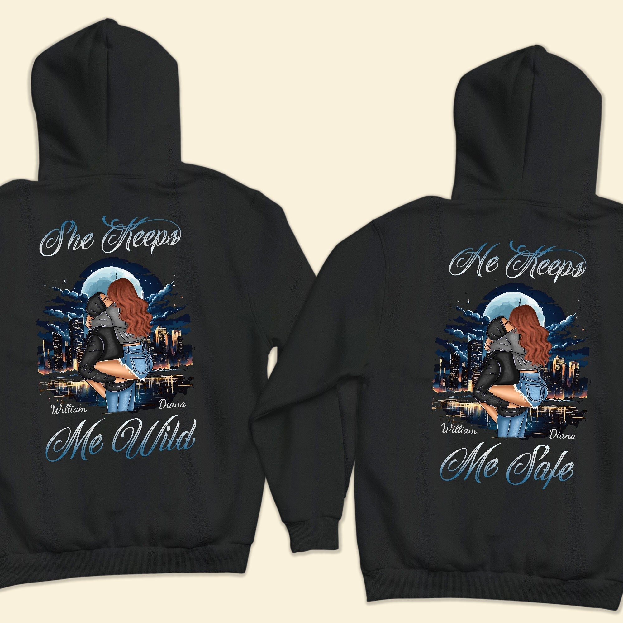 She Keeps Me Wild He Keeps Me Safe - Personalized Matching Couple Back Printed Hoodies - Py Five Style