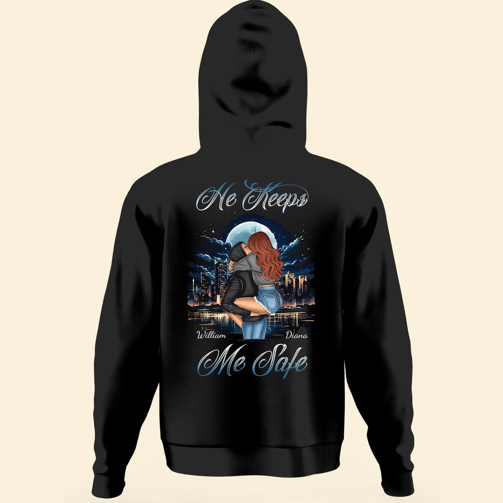 She Keeps Me Wild He Keeps Me Safe - Personalized Matching Couple Back Printed Hoodies - Py Five Style