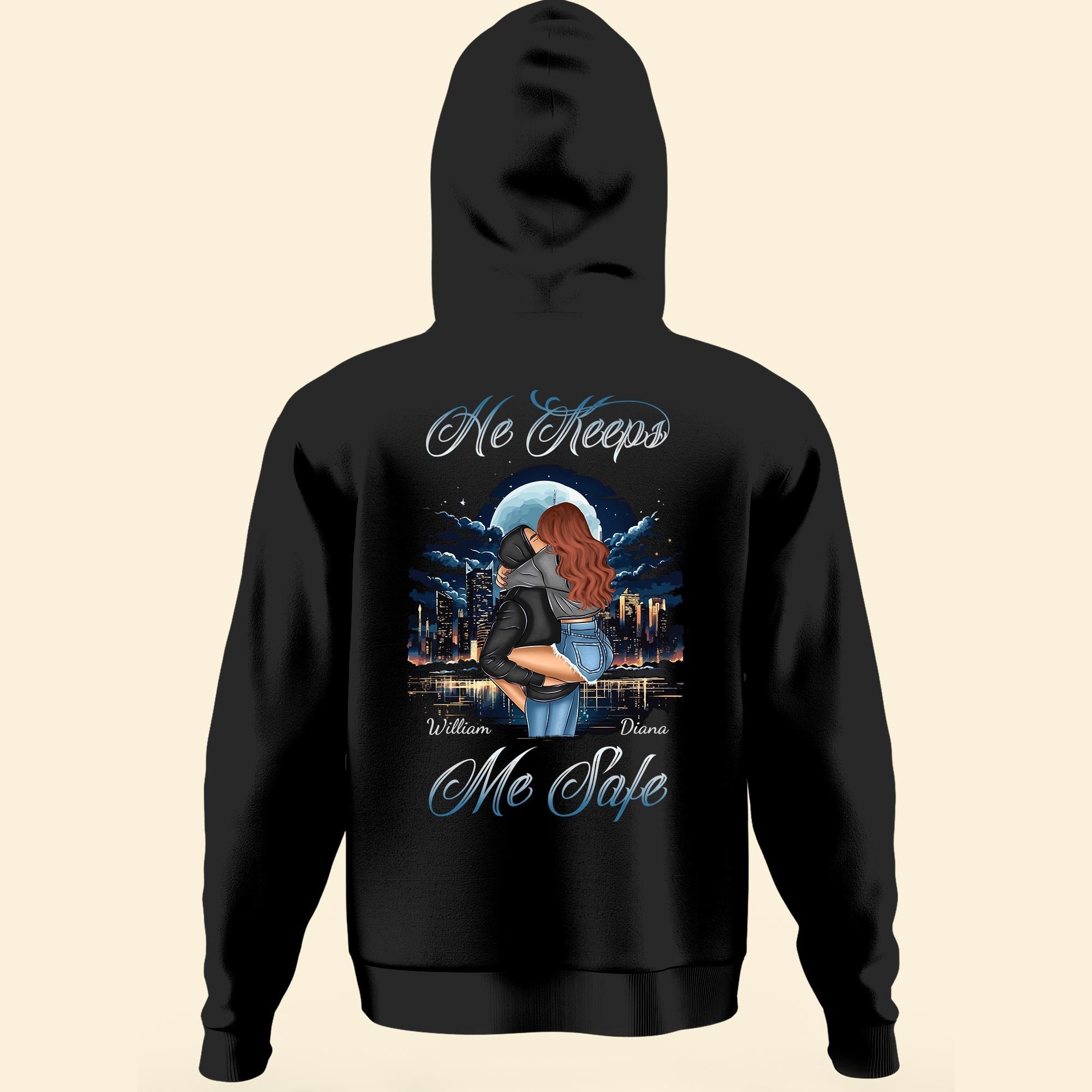 She Keeps Me Wild He Keeps Me Safe - Personalized Matching Couple Back Printed Hoodies - Py Five Style