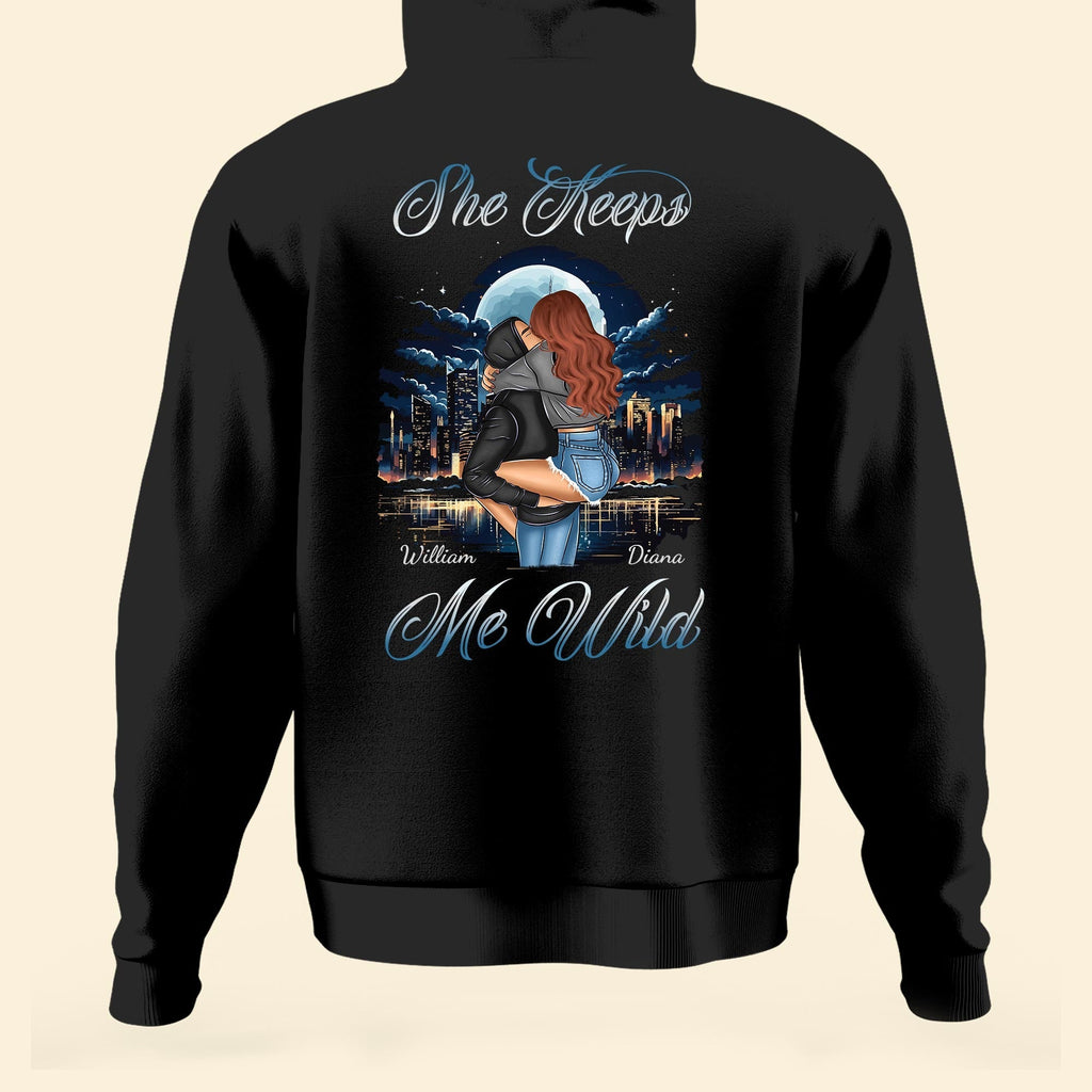 She Keeps Me Wild He Keeps Me Safe - Personalized Matching Couple Back Printed Hoodies - Py Five Style