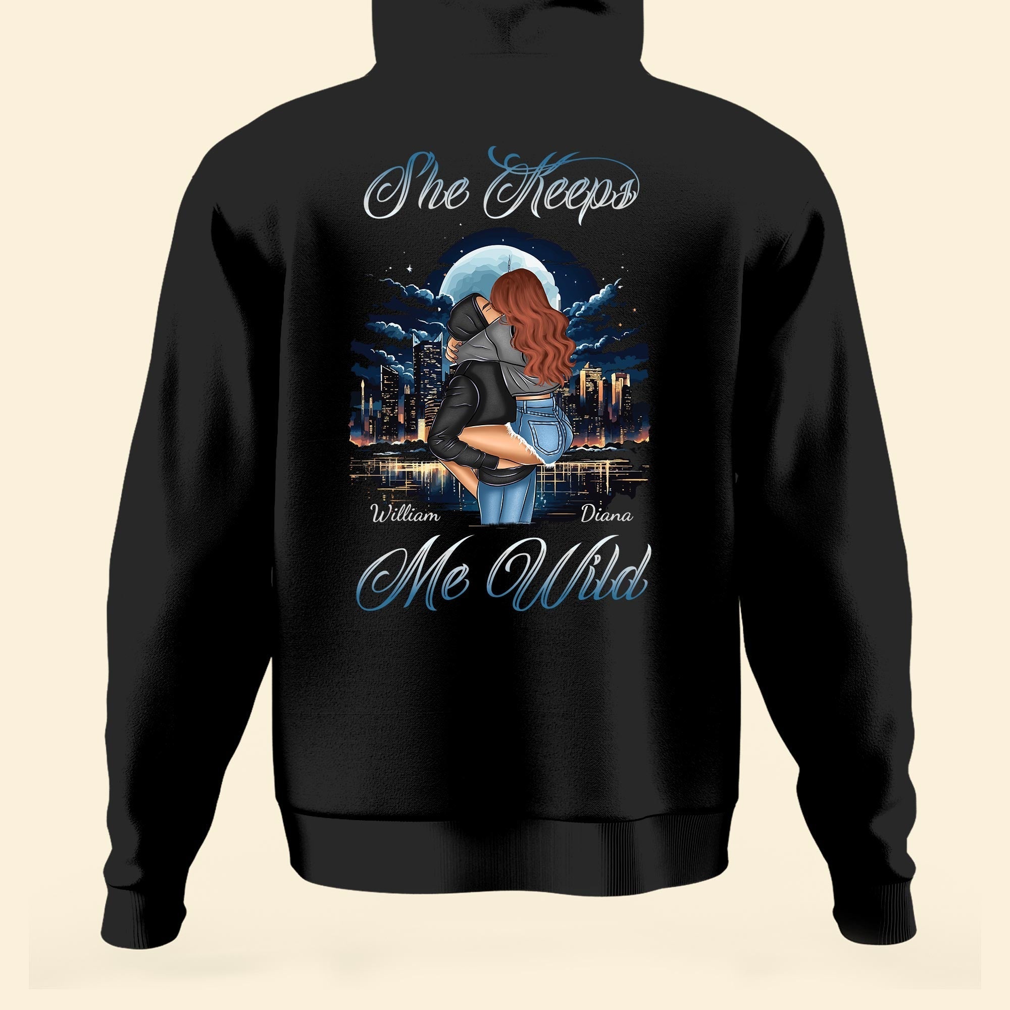 She Keeps Me Wild He Keeps Me Safe - Personalized Matching Couple Back Printed Hoodies - Py Five Style