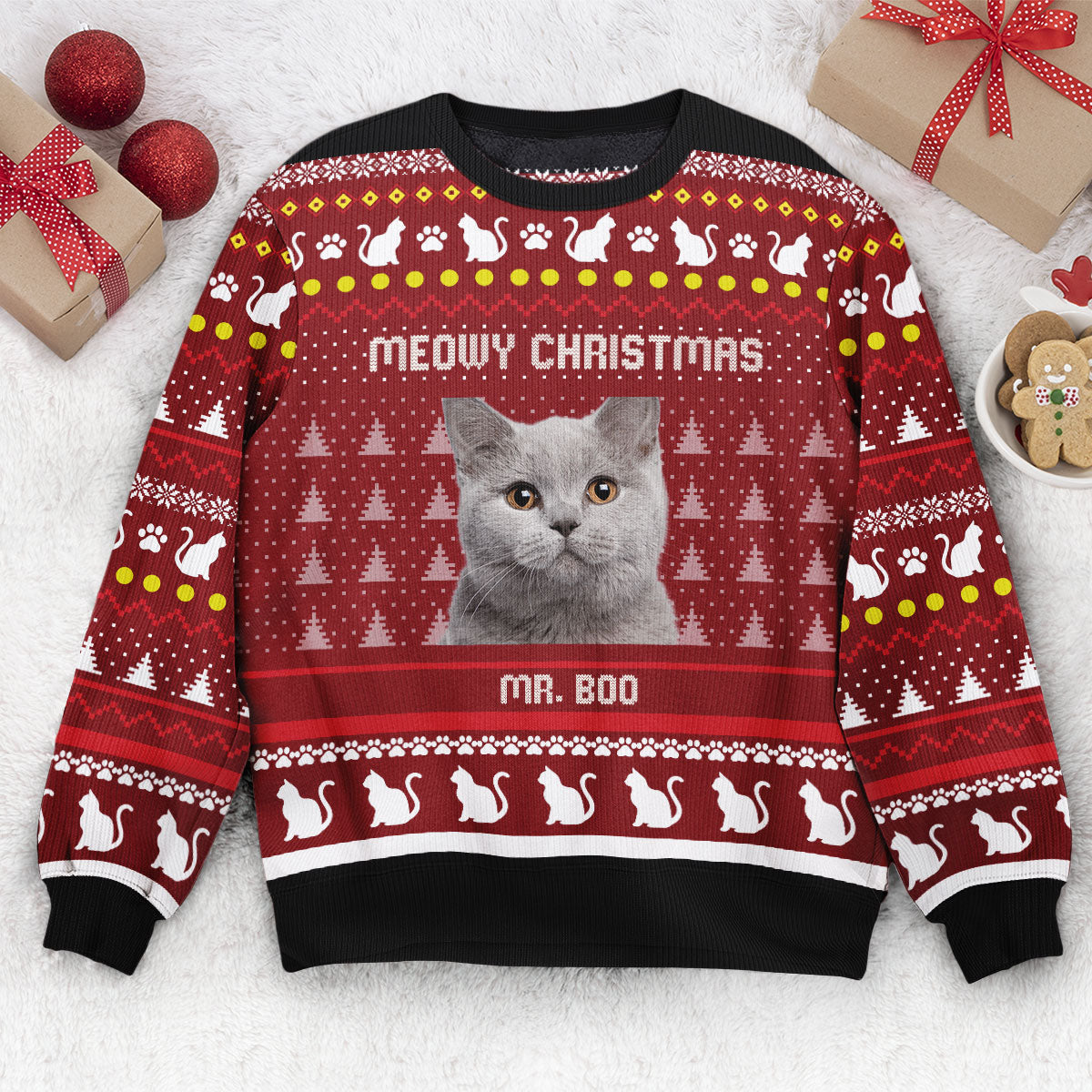 Meowy Christmas - Personalized Photo Ugly Christmas Sweater - Py Five Style